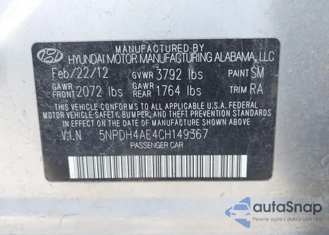 2012 Hyundai Elantra Gls z USA, uszkodzony, nr VIN 5NPDH4AE4CH149367